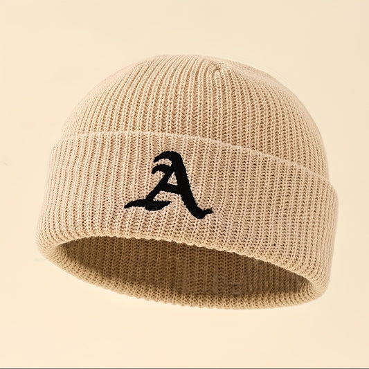 1pc Unisex Classic Brimless Hat With Adjustable Rolled Cuff, Simple Letter Pattern Knitted Hat, Suitable For Winter Daily Wear