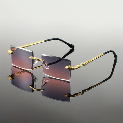 Unisex Square Frameless Fashion Glasses with Snake-Light Beige Metal Temples & Gradient Pink Tinted Lenses - Trendy Fashion Accessories for Street Style, Casual & Formal Outfits, Stylish Glasses, Decorative Eyewear, Goldtoned