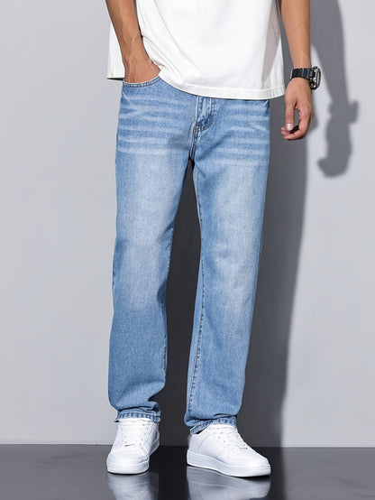 Men'S Casual Loose Fit Denim Jeans, 88.5% Cotton 8.5% Polyester 3% Rayon, All-Season Solid Color Washed Fabric, Regular Length, Non-Stretch Woven Denim Pants
