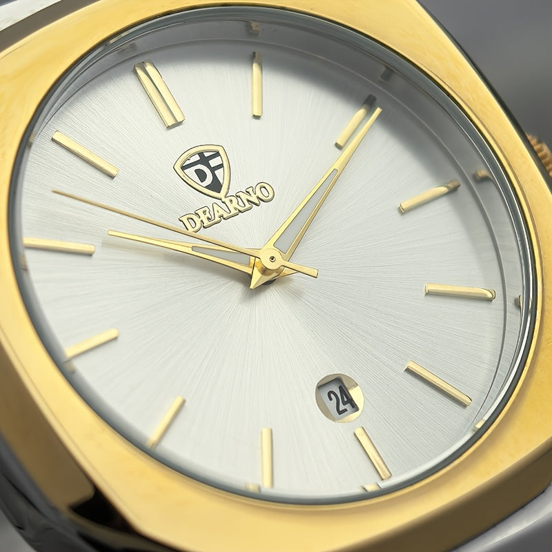Elegant Men's Quartz Watch - Luminous Hands, Golden-Tone Dial with Stainless Steel Band, Date Display, Business Style, Non-Rechargeable Battery