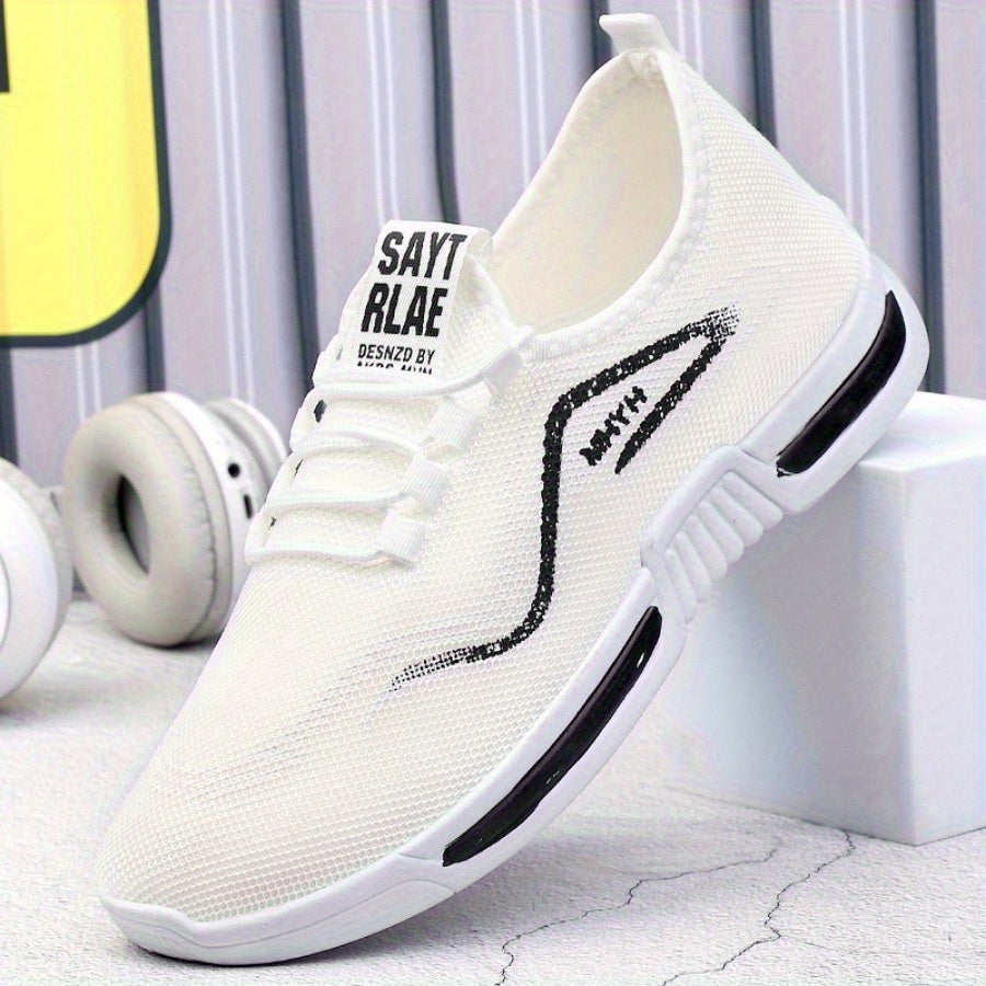 Men's & Women's Breathable Mesh Sneakers with Non-Slip Rubber Sole, Cushioned Comfort & All-Over Foot Coverage (39-44) - Lightweight Low-Top Sneakers for Hiking, Gym, Running, Casual Wear - White/Black Letter Print & Color Bl