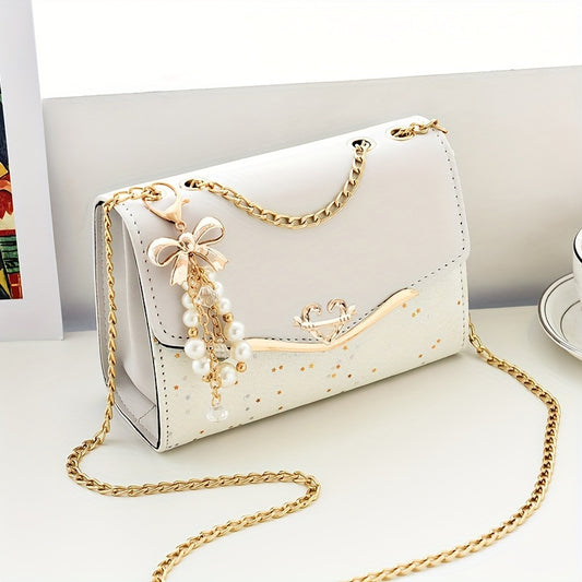 Elegant Women'S Sequin Chain Crossbody Bag - White Shoulder Purse with Golden-Tone Hardware & Decorative Pendant, Perfect for Festivals & Parties, Festival Shoulder Bag | Elegant Chain Strap | Decorative Pendant, Novelty Purs
