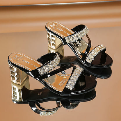Fashionable Chunky Heel Sandals With Rhinestones