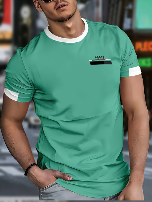 Men'S Paris Graphic T-Shirt - Green Polyester Crew Neck Tee with White Stripes & Print - Casual Sporty Knit Top for Casual Attire, Breathable Fabric