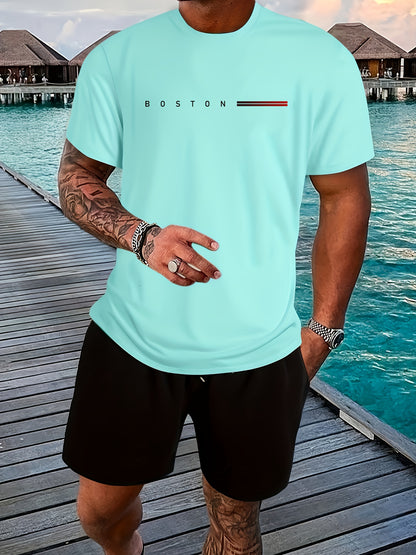 Men's Heavyweight 180gsm Cotton T-Shirt - Dark Gray Crew Neck Tee with Bold "Boston" Print, All-Season Everyday & Formal Shirt for Men - Machine Washable Luxury Casual Top, Versatile Clothing, Modern Design, Premium Fabric, S