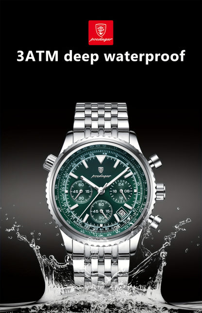 POEDAGAR Luxury Men's Quartz Watch -, Luminous Chronograph with Date Function, Stainless Steel Band & Zinc Alloy Case