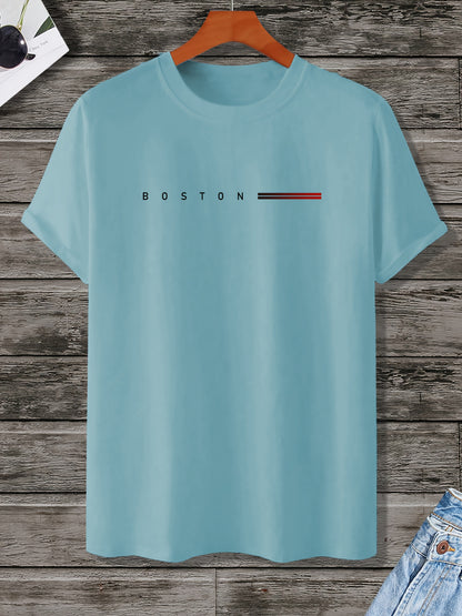 Men's Heavyweight 180gsm Cotton T-Shirt - Dark Gray Crew Neck Tee with Bold "Boston" Print, All-Season Everyday & Formal Shirt for Men - Machine Washable Luxury Casual Top, Versatile Clothing, Modern Design, Premium Fabric, S