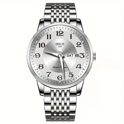 1pc DEBLOVE Men'S Stainless Steel Watch with Red Dial - Date, Calendar, Luminescent Hands & Markers, Quartz Movement, Business Casual Style, Perfect for Travel, Work, and Birthdays, Birthdays Gift|Elegant Watch Design|Quartz