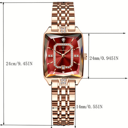 POEDAGAR Women's Ultra-Thin Stainless Steel Quartz Watch - 3ATM Waterproof, Luminous Red Dial with Date Calendar, Champagne Band & Case - Elegant Luxury Wristwatch for Teens & Adults, Perfect for Valentine's Day, Mother's Day