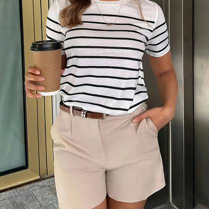 Women'S Y2K Green & White Striped T-Shirt - Casual, Versatile Top for Spring/Summer, Short Sleeve, Round Neck, Casual Attire | Casual Style | Glossy Finish