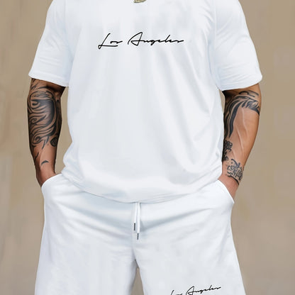 Men'S Casual 2pcs Set, Los Angeles Print, Short Sleeve Crew Neck T-Shirt & Knee-Length Shorts, Polyester & Spandex Blend, Comfortable Home Wear, All-Season Knit Fabric with Pockets, Regular Fit