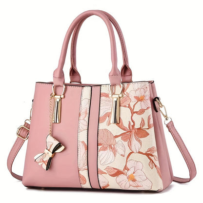 Elegant Floral Print Women's Handbag - Chic Colorblock Handbag with Zip Closure, Durable PU Material