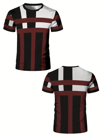Striped Patchwork Design Pattern Print, Men'S Sports Fashion, Geometric Print High Elasticity Tight Fit Short Sleeved Round Neck T-Shirt, Summer Fitness, Training And Fitness Wear Quick Drying Sports Top with Coolness