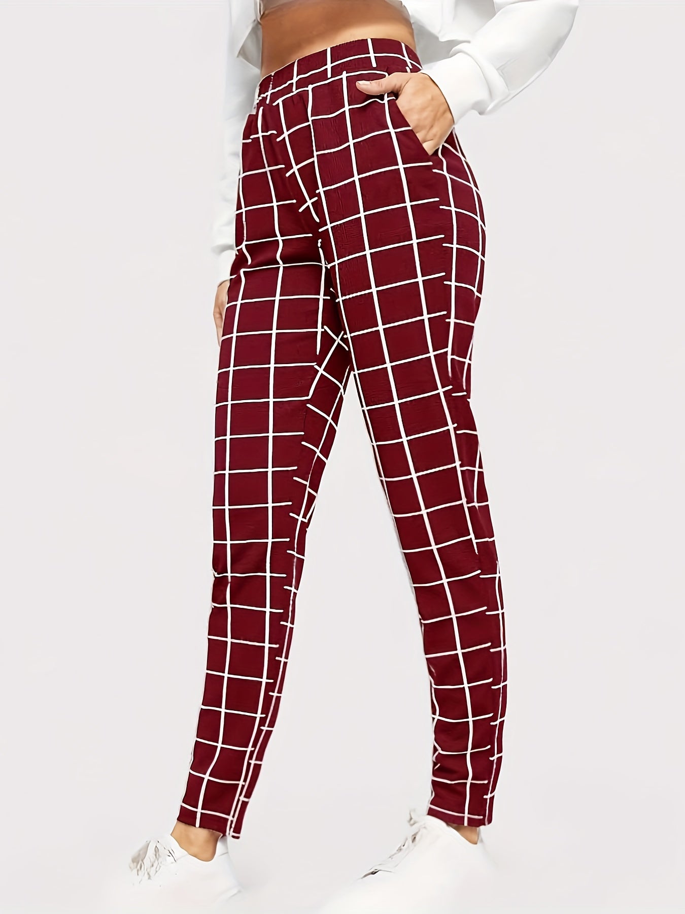 Plaid Print High Waist Pants Elegant Straight Leg Slants Pockets Pants, Women's Clothing