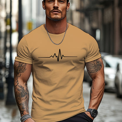 Men'S Brown T-Shirt with ECG Heartbeat Graphic - Casual Streetwear, Short Sleeve, Round Neck, Stretch Fabric, All-Season Comfort, Casual Streetwear Tee | Round Neck Tshirt | Comfortable Fit