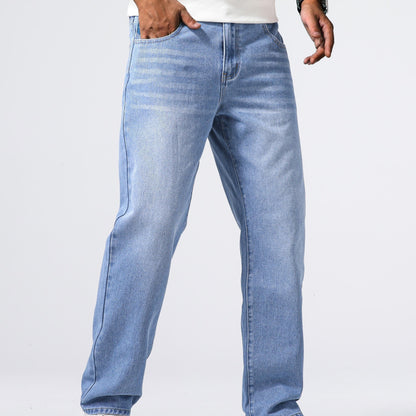 Men'S Loose Fit Straight Leg Jeans, Cotton 85% Polyester 15% Denim, Washed Solid Color Casual Style