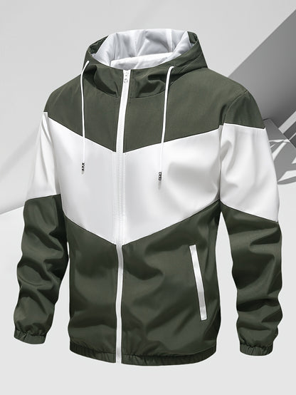 Men's Casual 2-Piece Outfit, Stylish Color Block Zip Up Hooded Jacket, Breathable Solid Color Drawstring Pants