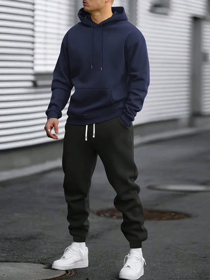 1set Men'S Casual Sports Suit, Polyester Hooded Sweatshirt and Jogger Pants Set, Solid Color, Elastic Waist, Cuffed Ankles, Knit Pullover with Pockets, Regular Fit for Outdoor Running and Jogging - Spring/Autumn Collection