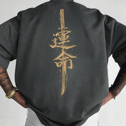 Men'S Japanese Samurai Sword Graphic T-Shirt - Casual Loose Fit Crew Neck, Short Sleeve Tee with Red Stylized Japanese Katanas Design, Breathable Polyester for Spring & Summer Outdoor Wear