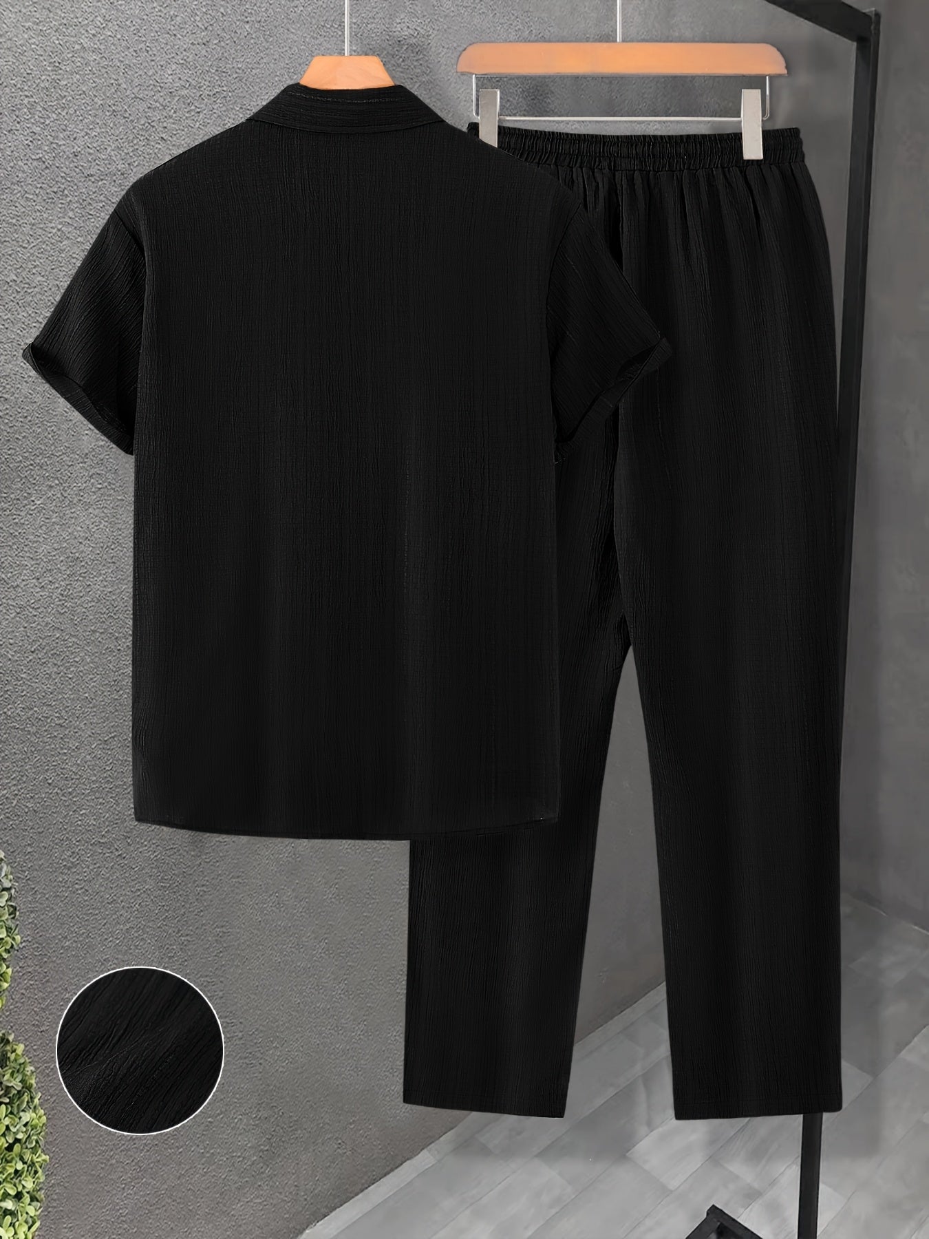 Men's Casual 2-Piece Outfit, Summer Solid Color Shirt & Pants Set, Comfy Button Up Shirt, Breathable Drawstring Pants
