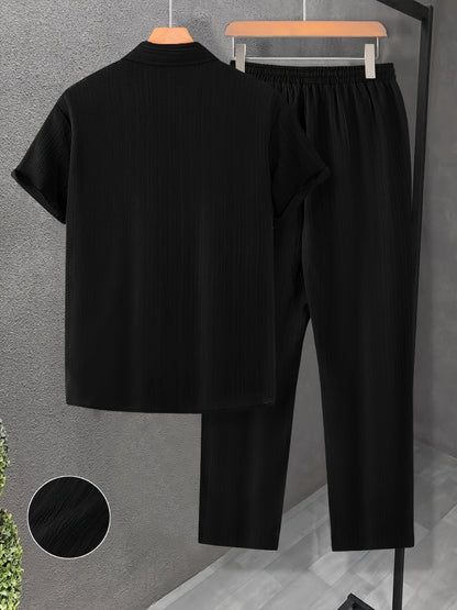 Men's Casual 2-Piece Outfit, Summer Solid Color Shirt & Pants Set, Comfy Button Up Shirt, Breathable Drawstring Pants