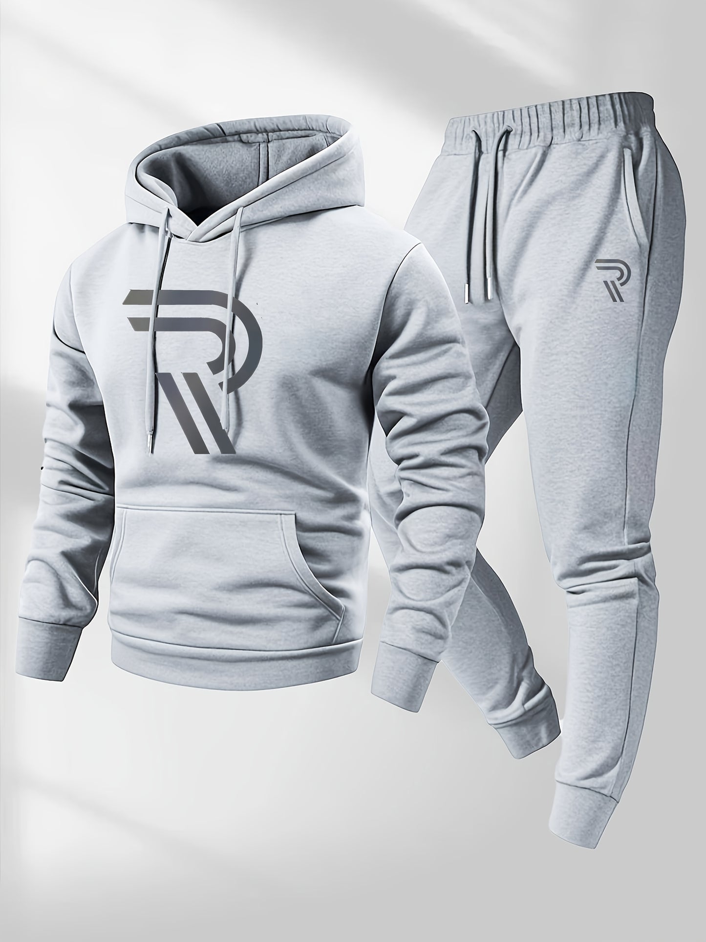 Men'S Sporty Two-Piece Hoodie and Pants Set - Gray with Black Logo, Non-Stretch Fabric, Regular Fit, Pockets, Ideal for Fall/Winter, Casual Wear|Hooded Sweatshirt|Pocketed Pants, Sweater Hoodie