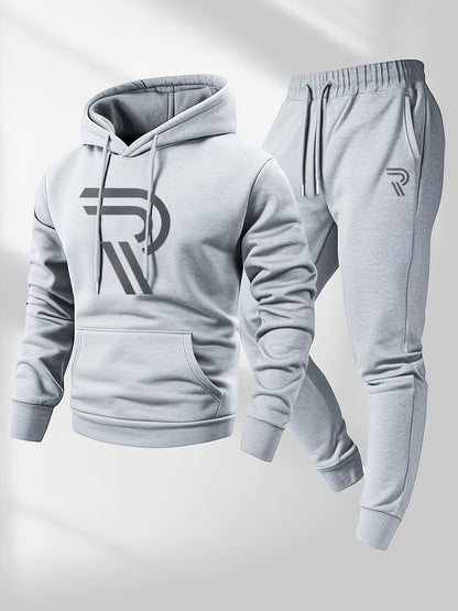 Men'S Sporty Two-Piece Hoodie and Pants Set - Gray with Black Logo, Non-Stretch Fabric, Regular Fit, Pockets, Ideal for Fall/Winter, Casual Wear|Hooded Sweatshirt|Pocketed Pants, Sweater Hoodie