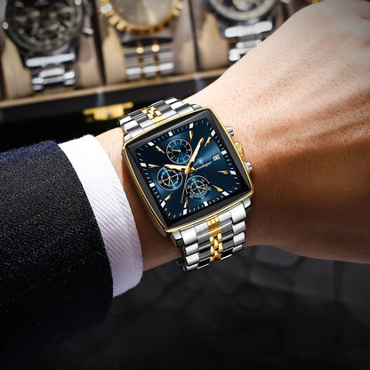 POEDAGAR Men's Stainless Steel Luminous Watch - Blue Dial Chronograph, High Quality Quartz Movement with Date Calendar, Golden-Tone Accents for Business Casual & Casual Attire, Formal Accessory, Stylish Accessory, Refined Cra