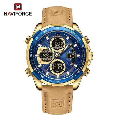 NAVIFORCE Men's Luxury Sports Quartz Watch - Waterproof, Genuine Leather Strap, Dual Display with Date & Chronograph Functions, Case, Green Accents, Luxury Timepiece|Tachymeter Equipped|Genuine Leather Band Valentine's Day