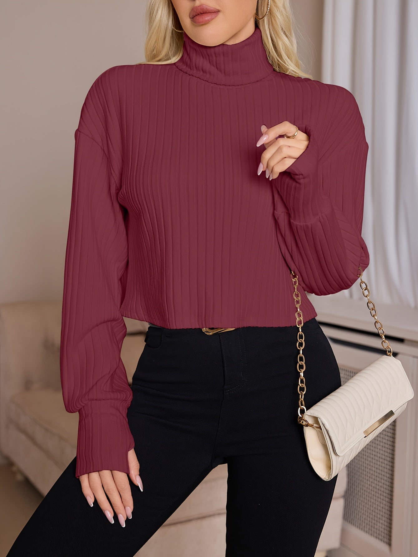 Women'S High Neck Knit Turtleneck T-Shirt, Solid Color Polyester 95% Spandex 5% Blend, Short Length, Fall/Winter Collection, 210g/m² Knit Fabric