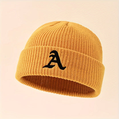 1pc Unisex Classic Brimless Hat With Adjustable Rolled Cuff, Simple Letter Pattern Knitted Hat, Suitable For Winter Daily Wear