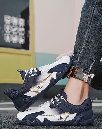 Men's Breathable Low-Top Casual Sneakers - Sporty Lace-Up Walking Shoes with Navy/White/Golden Accents, All-Season Outdoor & Everyday Comfort, Durable Fabric Upper & PVC Sole, Comfortable Footwear, Sleek Shoe Design, Lightwei