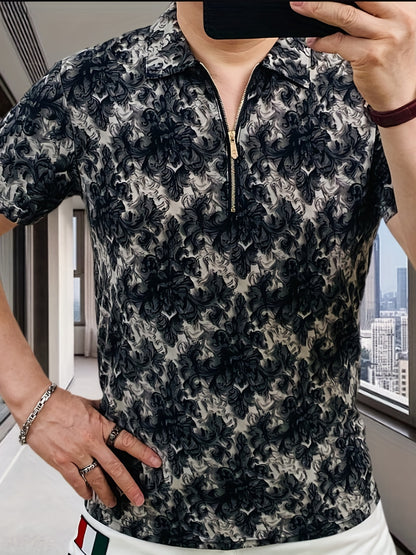 Men's Short Sleeve Shirt with Zipper Front - Black & White Floral Print Summer Casual T-Shirt, Breathable Stand Collar, Regular Fit for Casual Attire, Easy Care Fabric