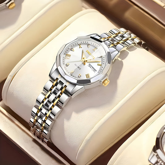 DEDIMA Women'S Luxury Stainless Steel Watch - Elegant Rhombus Design with Roman Numerals, Double Calendar, and Multifunctional Steel Strap