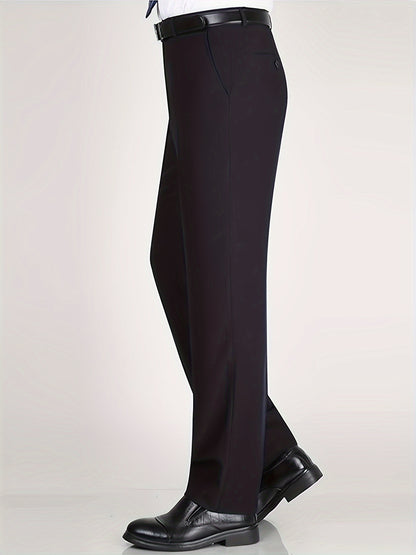 Men's Classic Straight Fit Pants - Lightweight Polyester Blend, High Waist, Button Closure, Suitable for Year-Round Wear