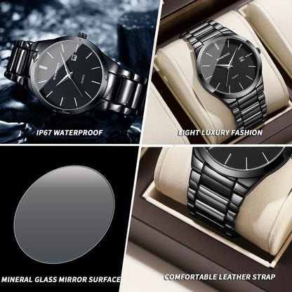 BINBOND Men'S Waterproof Quartz Watch - Casual Business Style, Luminous, Date Display, Stainless Steel Band, Round Alloy Case, Battery-Powered with Electronic Movement, Ideal for Daily Wear, Business Accessory|Minimalist Watc