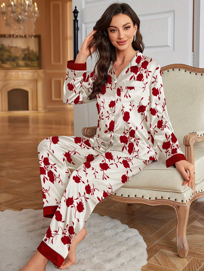 Elegant Satin Pajama Set for Women, Long Sleeve and Pants, Floral Print, Lapel Collar, All Season Basics, 90% Polyester 10% Elastane, Woven Fabric, Comfortable Sleepwear