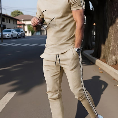 Cross-Border New Summer 2pcs Short-Sleeved T-Shirt And Long Pants Casual Men'S Casual Outdoor Sports Suit, Side Stripe Casual And Fashionable Men'S 2pcs Set