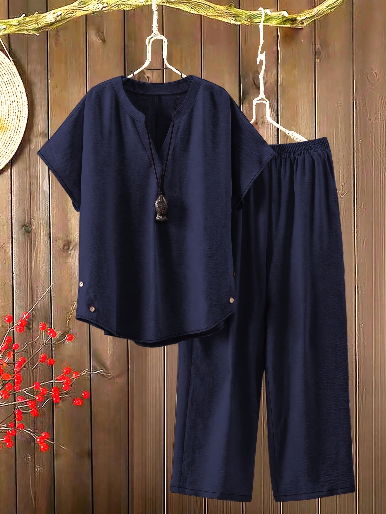 Women'S Solid Color V-Neck Short Sleeve Shirt with Elastic Waist Wide-Leg Pants Two-Piece Set