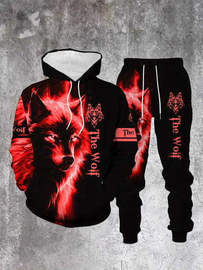 Men'S Wolf Print Hooded Sweatshirt and Joggers Set, Casual Polyester Knit Fabric, Slight Stretch, Regular Fit, Comfortable Long Sleeve Pullover for Spring/Fall, Weekend Casual Wear