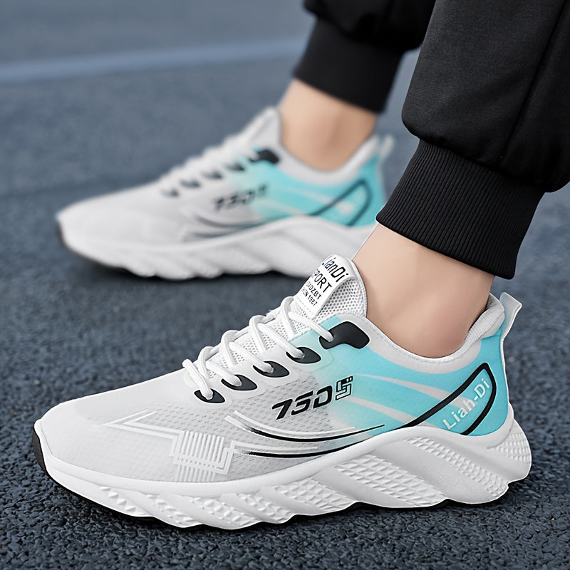 Men's Lightweight Sneakers - Non-Slip PVC Sole, Cushioned EVA Insole - White/Blue Accent Low-Top Sneakers for Gym, Running, Everyday - All-Season Lace-Up Athletic Footwear - Model HX-3, Sports Activities, Sporty Design, Secur