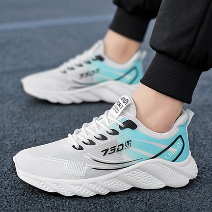 Men's Lightweight Sneakers - Non-Slip PVC Sole, Cushioned EVA Insole - White/Blue Accent Low-Top Sneakers for Gym, Running, Everyday - All-Season Lace-Up Athletic Footwear - Model HX-3, Sports Activities, Sporty Design, Secur