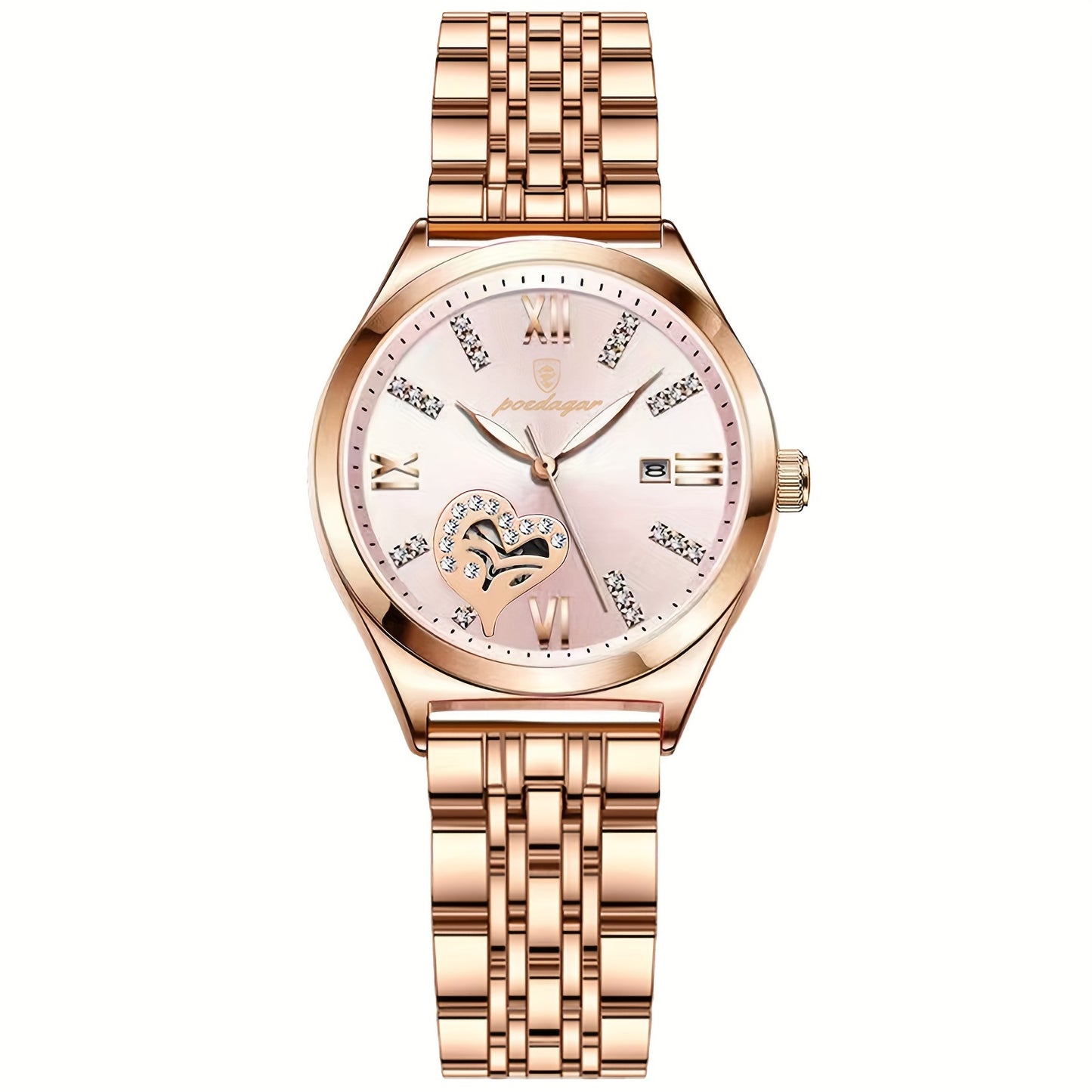 POEDAGAR Elegant Women's Quartz Watch - Rose Golden-Tone Stainless Steel, Luminous Hands & Calendar,, Date Display with Heart Detail