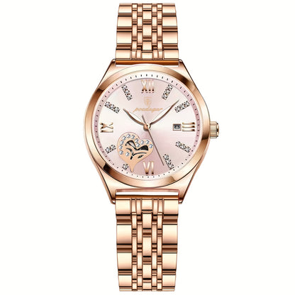 POEDAGAR Elegant Women's Quartz Watch - Rose Golden-Tone Stainless Steel, Luminous Hands & Calendar,, Date Display with Heart Detail