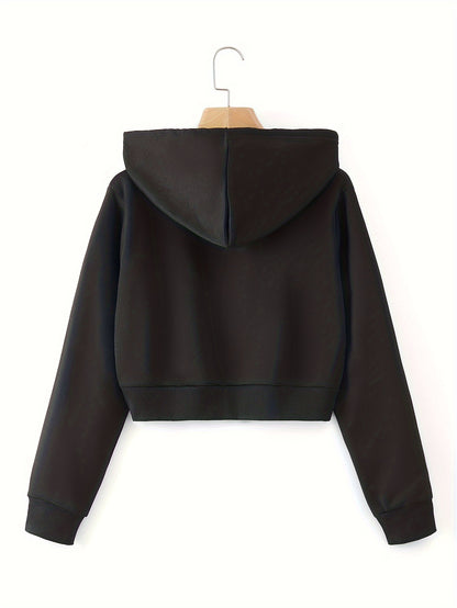 Zip Up Cropped Drawstring Hoodie, Casual Long Sleeve Sweatshirt For Spring & Fall, Women's Clothing