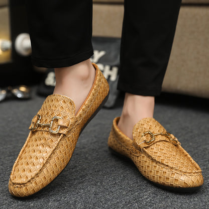 Men's Slip-On Loafers - Black & Tan Casual Shoes with Golden-Tone Metal Accents, Round Toe Comfort, All-Season Versatile for Office & Social Events, Casual Attire, Elegant Style, Premium Material, Modern Gentlemen