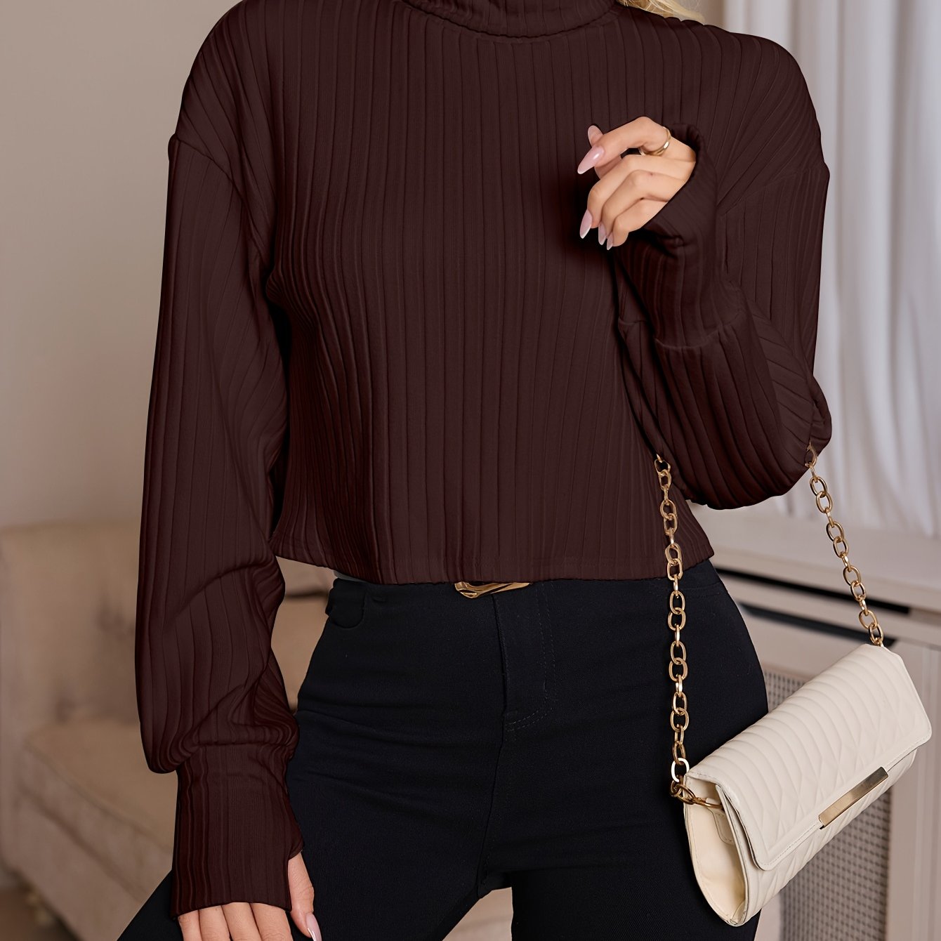 Women'S High Neck Knit Turtleneck T-Shirt, Solid Color Polyester 95% Spandex 5% Blend, Short Length, Fall/Winter Collection, 210g/m² Knit Fabric