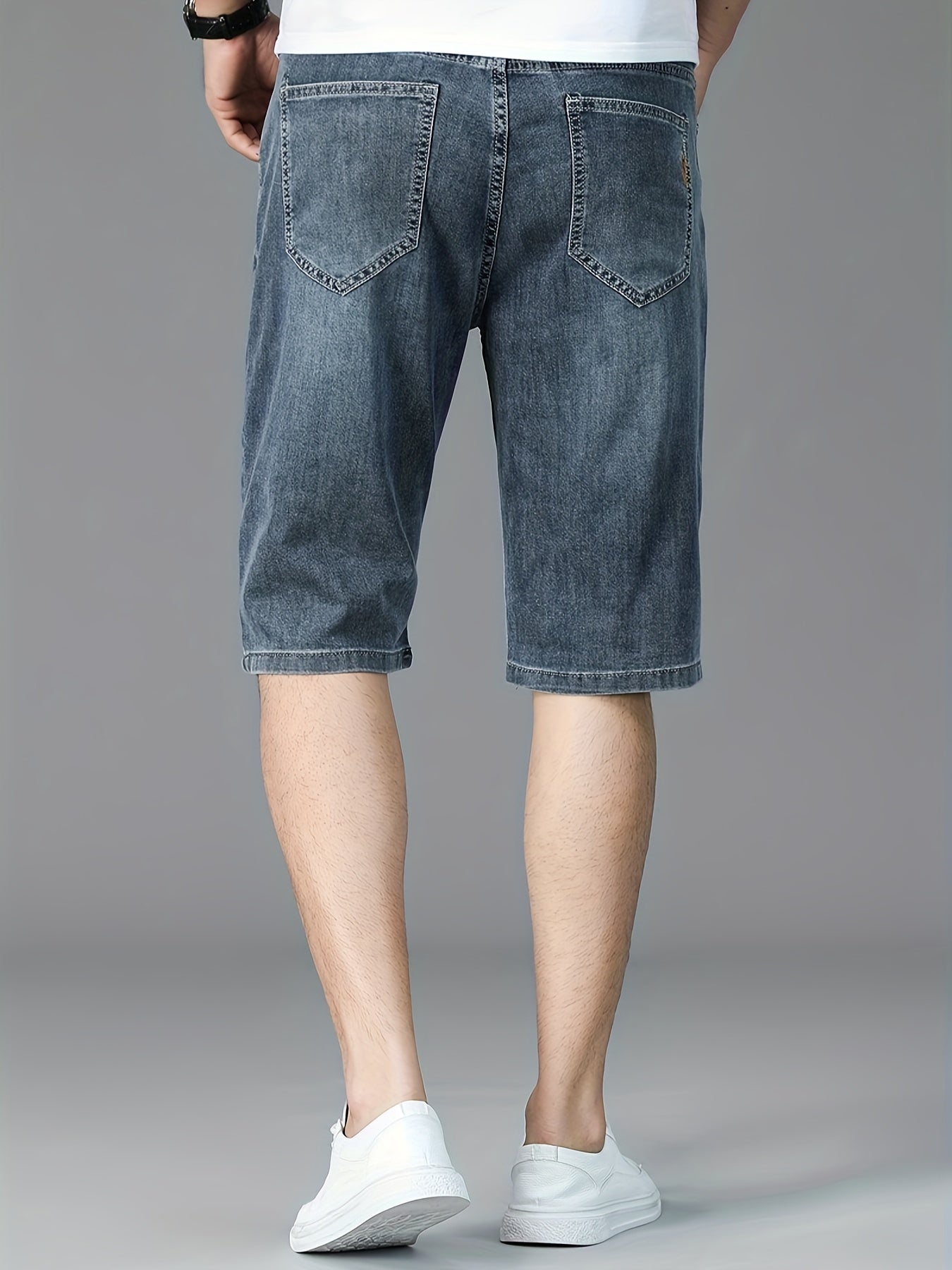 Men's Slim-Fit Denim Shorts - Casual Business Style, Mid-Waist, Stretch Fabric, Knee-Length with Pockets