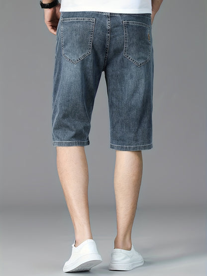 Men's Slim-Fit Denim Shorts - Casual Business Style, Mid-Waist, Stretch Fabric, Knee-Length with Pockets