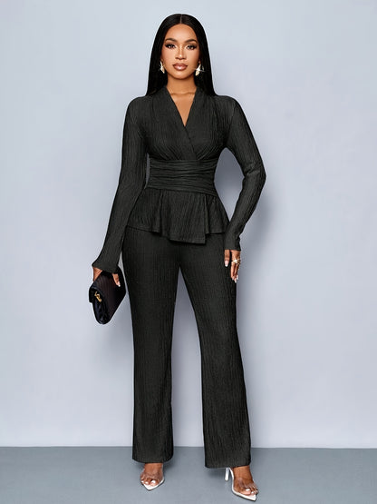 Elegant Women'S V-Neck Long Sleeve Top and Wide Leg Pants Two-Piece Set, Asymmetrical Hem Two-Piece Outfit for Casual Daily Wear, Winter Women'S Clothing
